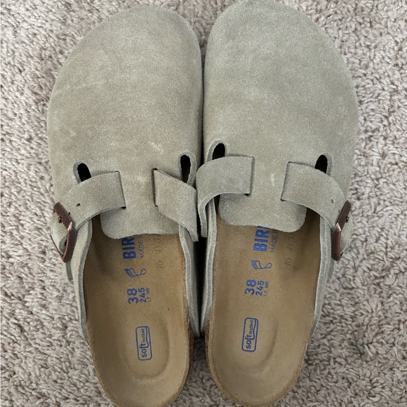 Birkenstock Suede Taupe Bostons - Picture 1 of 8